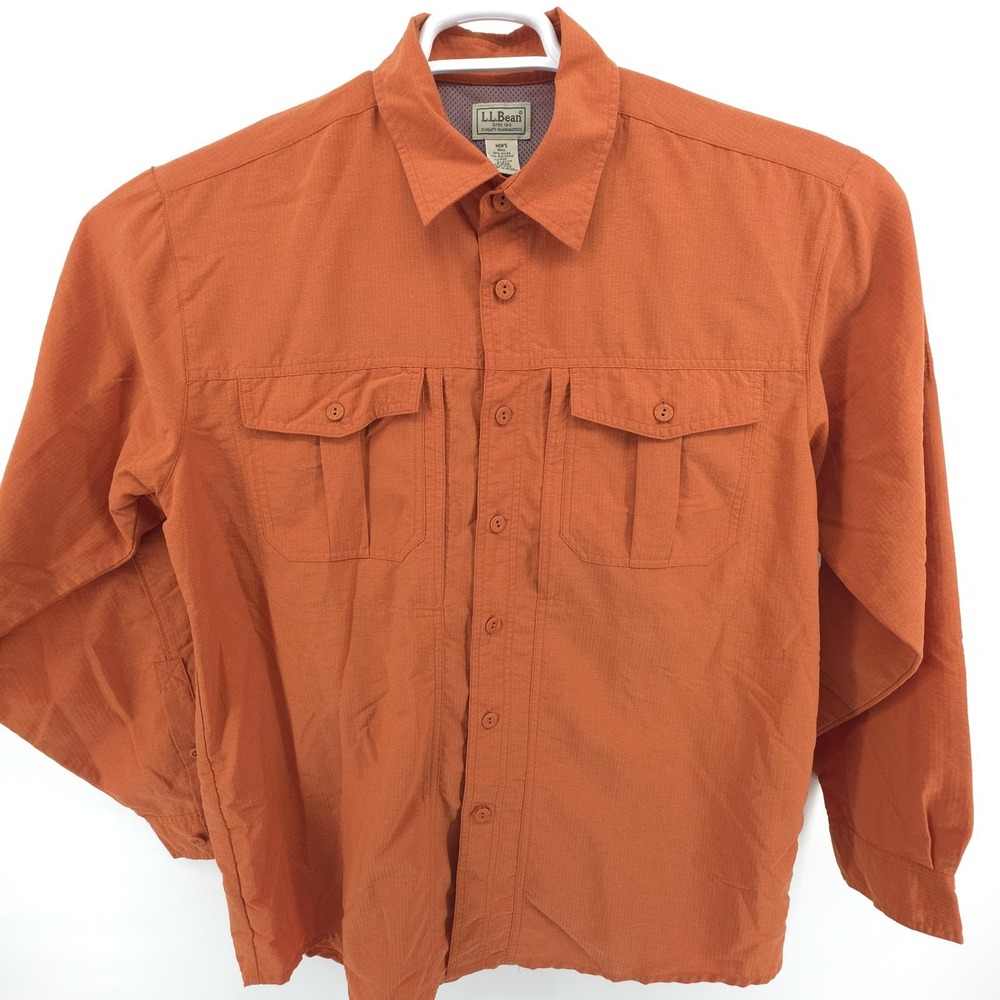 LL Bean Fishing Shirt Mens Large Orange Button Down Pockets Vented Outdoors - Picture 2 of 7